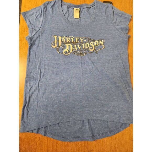 Harley-Davidson XL blue scoop neck t-shirt with high low hem. White and silver H - Picture 2 of 5